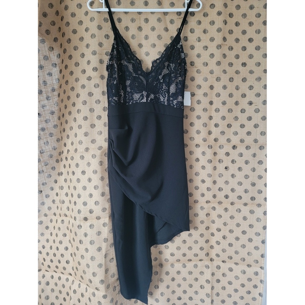 Revamped Black‎ Asymmetrical Lace Slip Dress